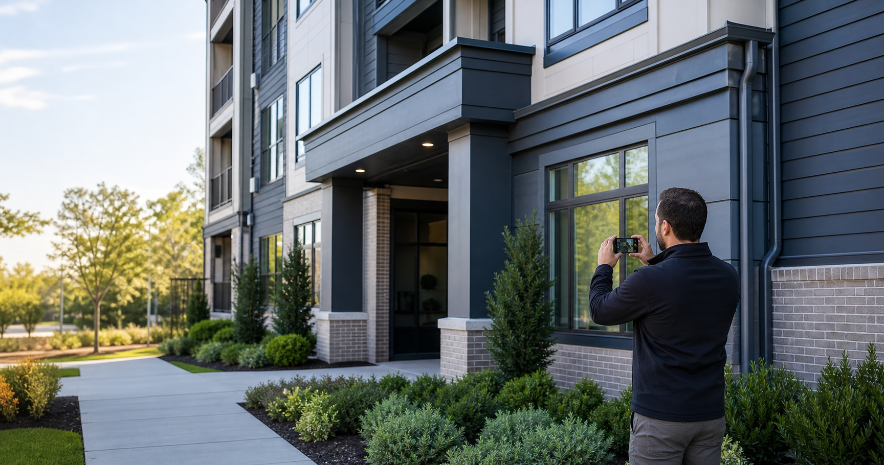 Exterior property documentation professional photographing a managed property facade.
